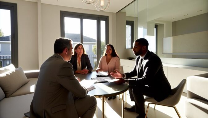 Business meeting in sunlit modern room with four professionals discussing documents.