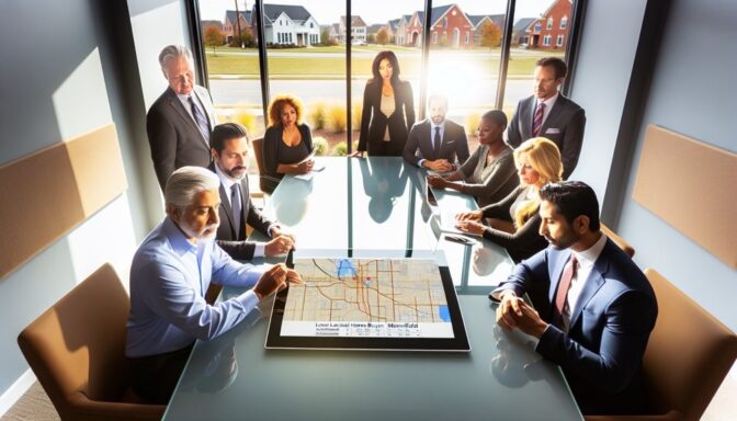 Real estate team examines digital map in boardroom, suburban homes visible through windows.