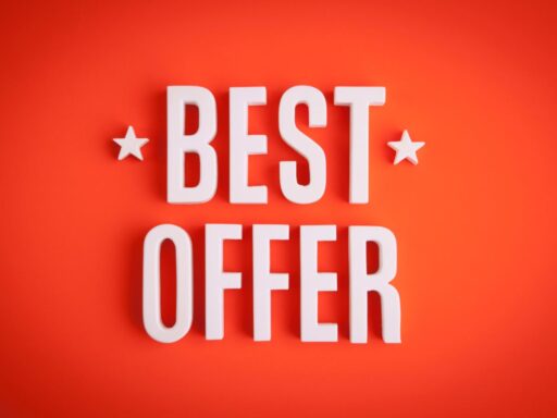 White 'BEST OFFER' text with star decorations on bright red background