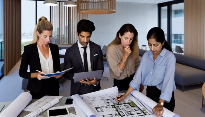 Professionals reviewing building blueprints in modern office with wooden pendant lights. 