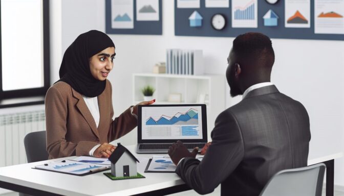 Two professionals discussing financial data and charts with a house model on desk.