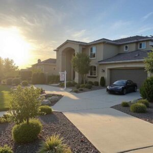Modern suburban home for sale at sunset