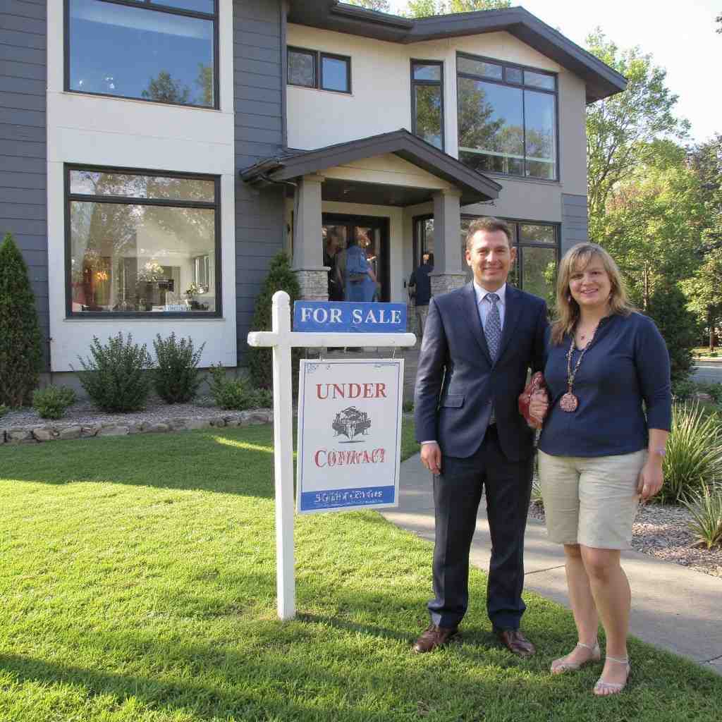 Couple standing by home with under contract sign