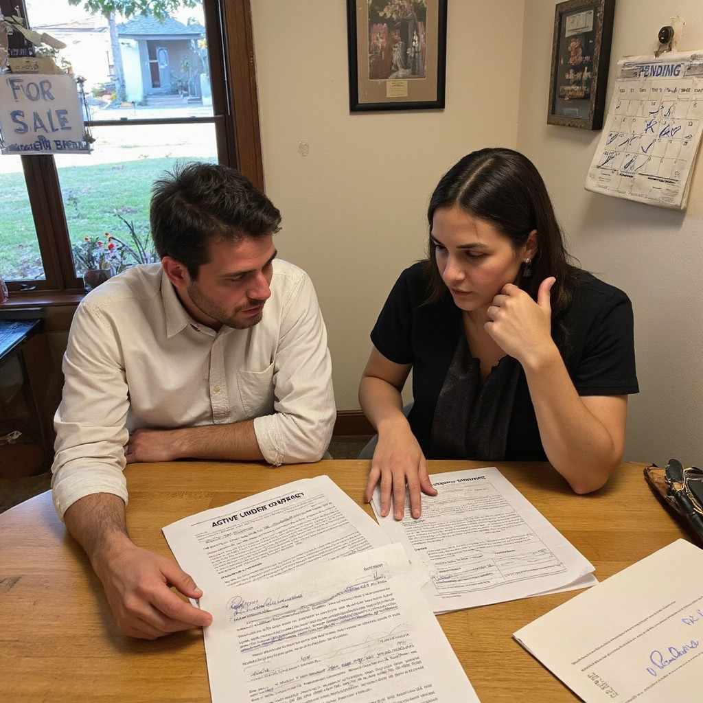 Couple reviewing home sale paperwork together