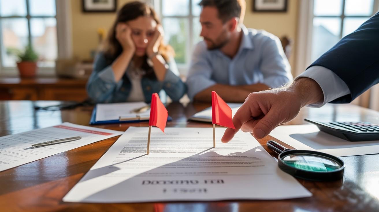 Pointing at home purchase contract with red flags on it