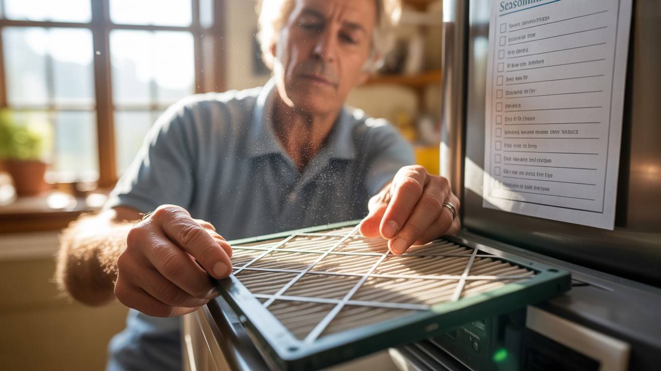 Man replacing air filter for seasonal home maintenance