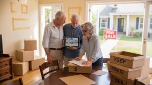 Seniors sorting boxes with for sale sign outside