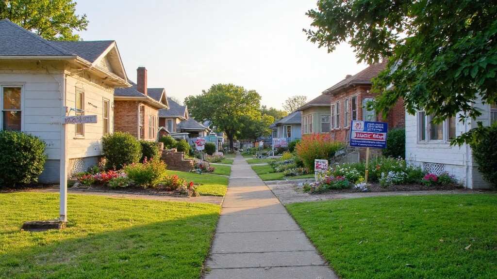 Neighborhood street lined with homes for sale