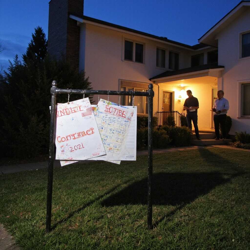 Home with sold and contract signs at night