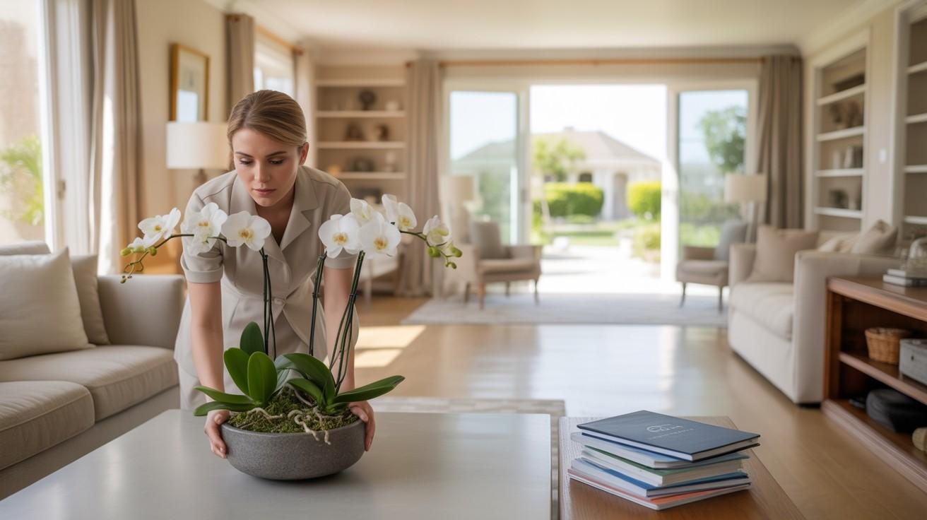 Woman staging a living room before home sale