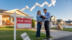 Seller and buyer discussing home sale listing