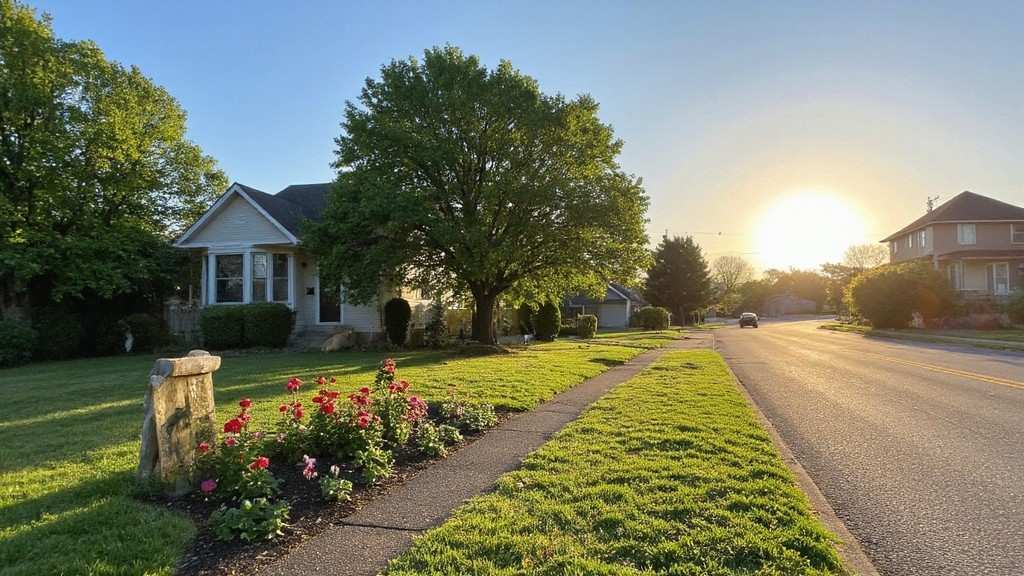 Sunny street with house and blooming garden