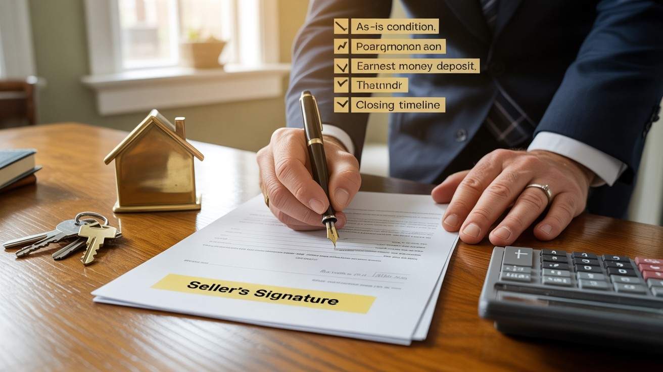 Signing seller's contract with checklist in the background