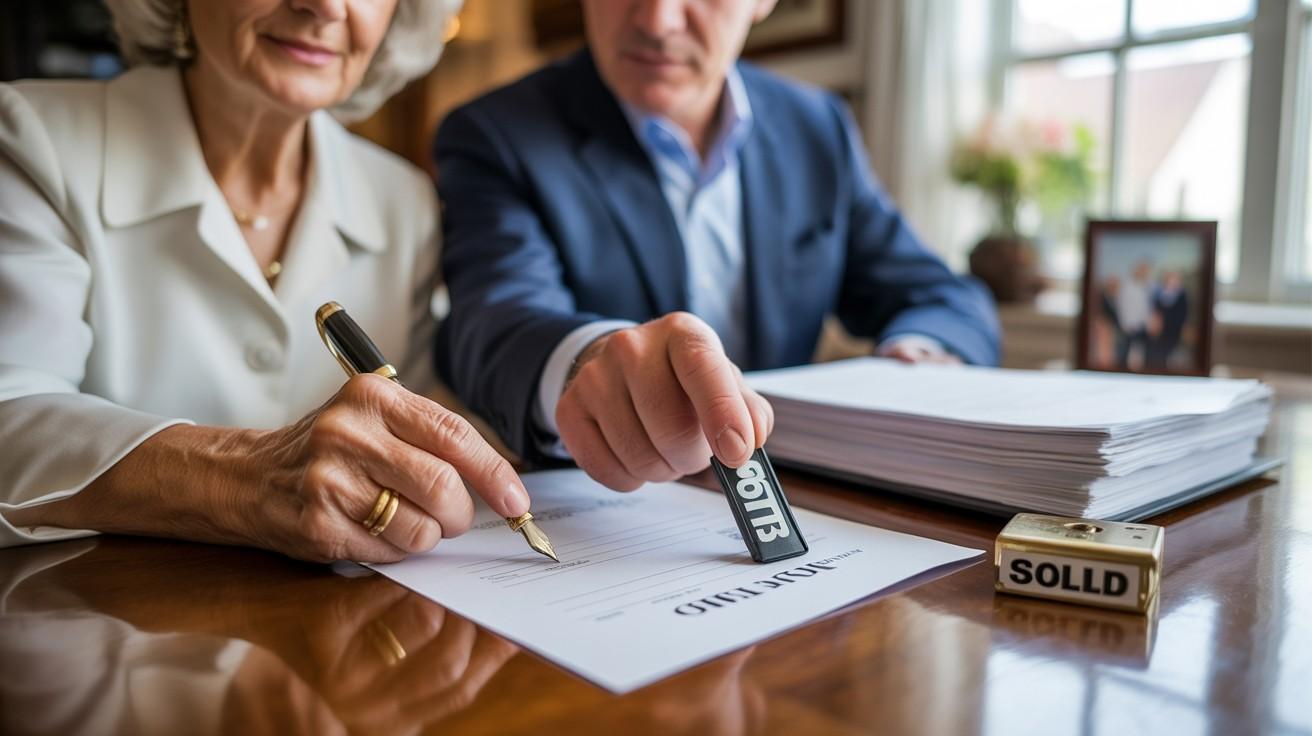 Couple signing legal documents to sell home