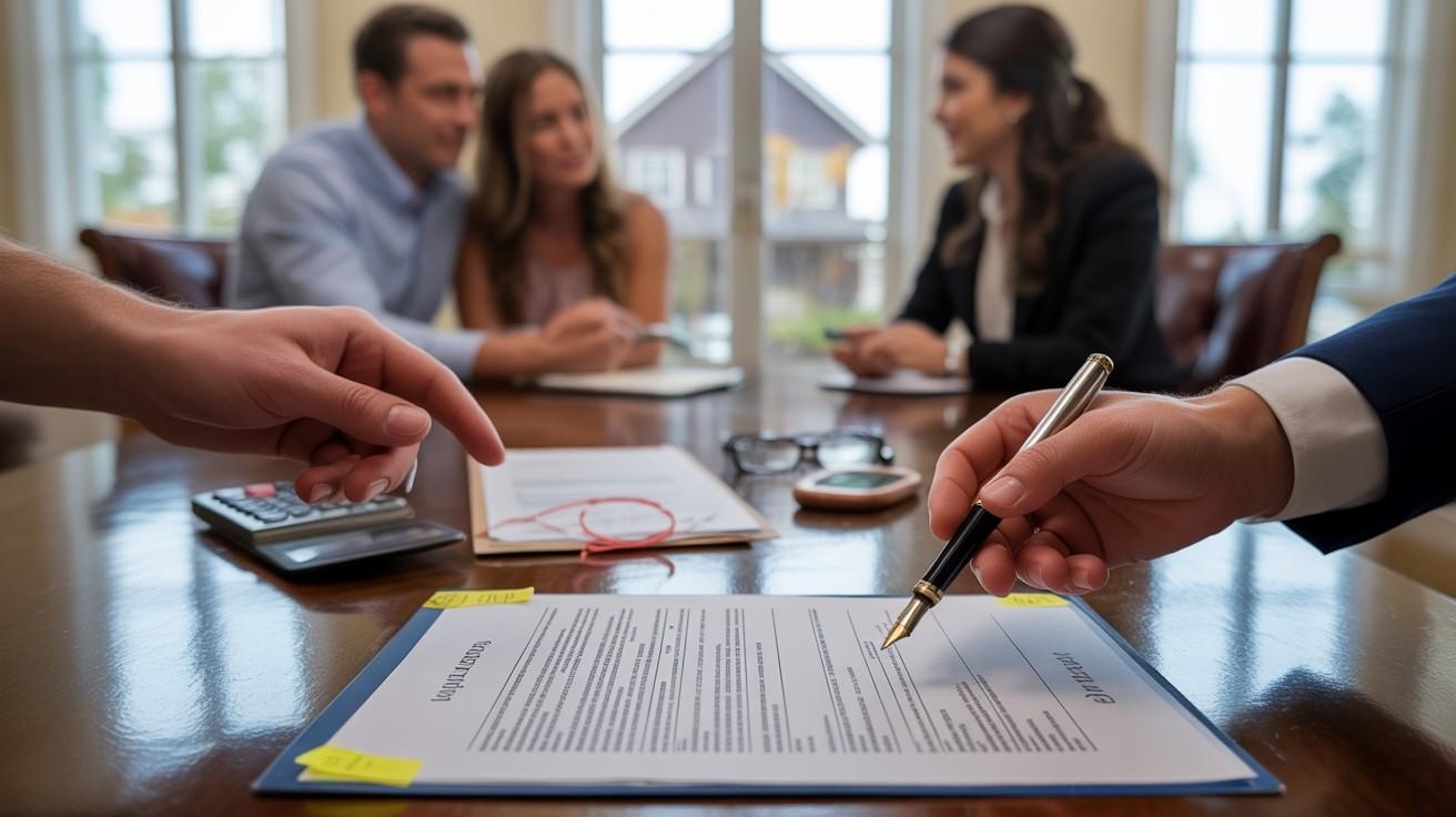 Pointing at home purchase contract with highlighted clauses