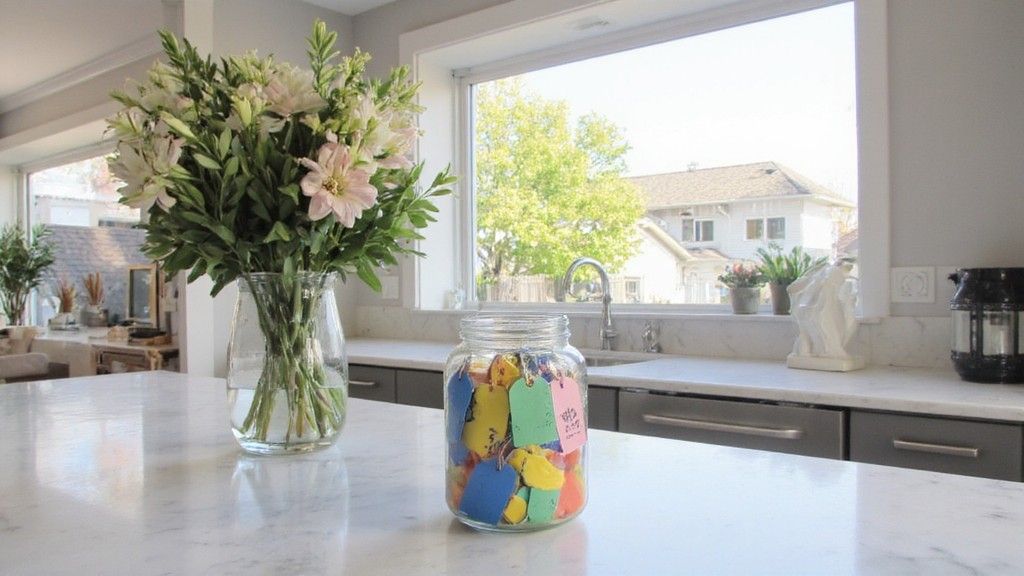 Modern kitchen with flowers and sunlight view
