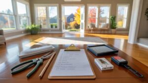 Seasonal maintenance tools laid out on a workbench