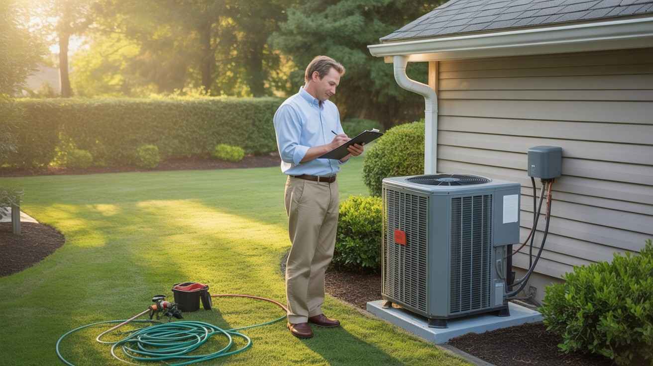 Person checking house air conditioner and making notes