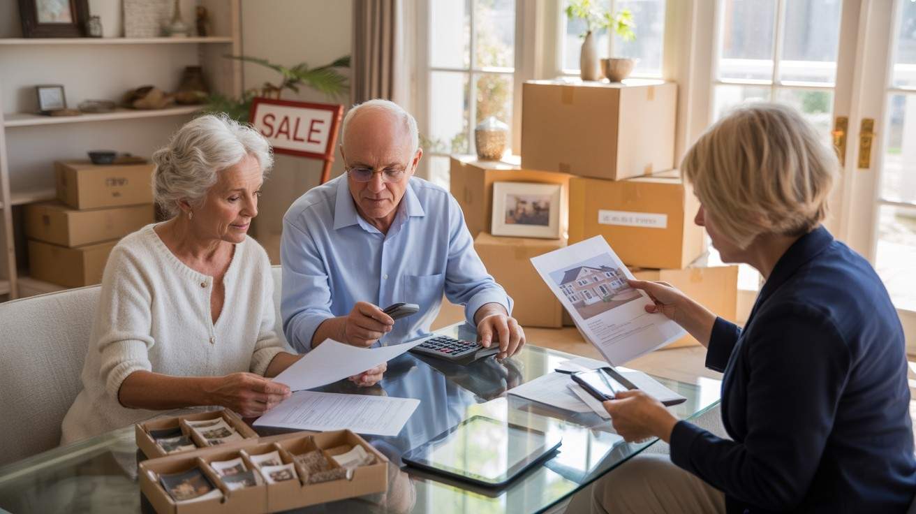 Elderly couple meeting realtor about selling home