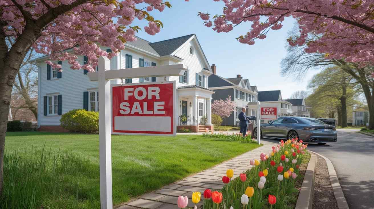 Spring home for sale with blooming flowers