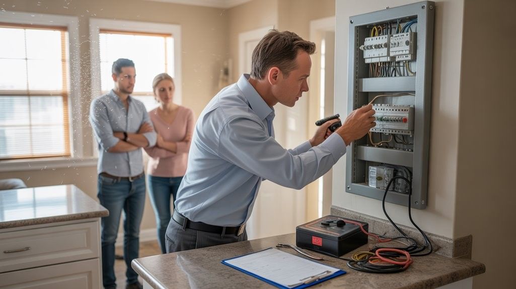 Inspector checking home's electrical panel with clients