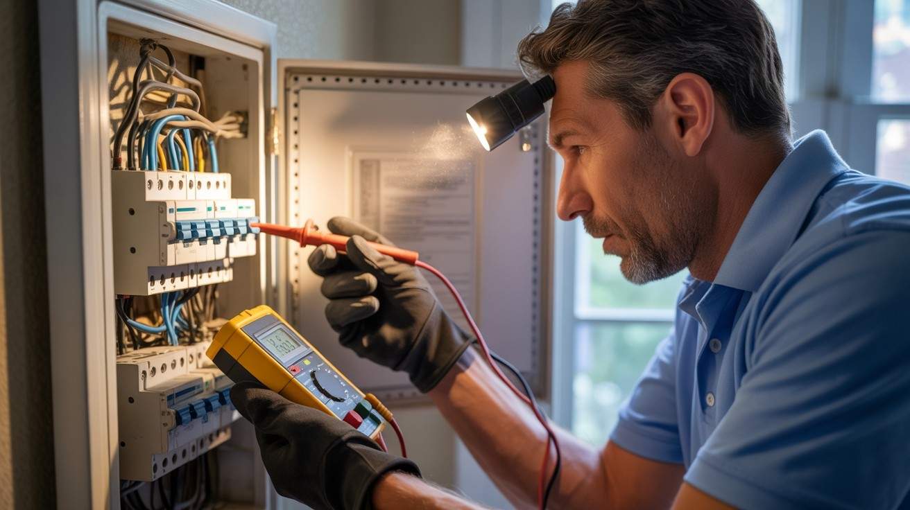 Using a multimeter to check electrical panel during inspection