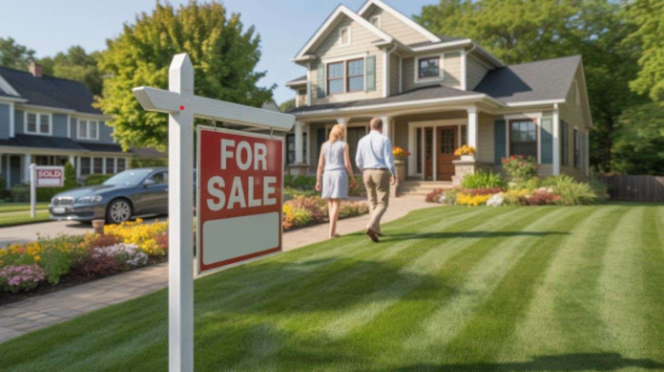 Couple walking toward a house for sale in summer